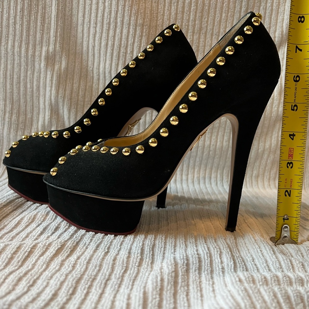 Charlotte Olympia high heels platform suede with gold studs pumps . Sz 38